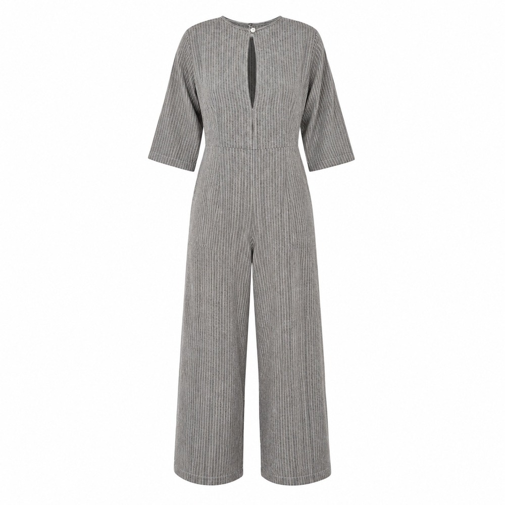 Day Space Night Linen Jumpsuit Gray White Striped Wide Leg Cropped OS Fits S